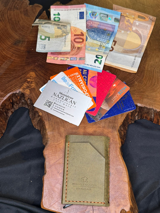 Porte-carte automatique kaki, couture à la main