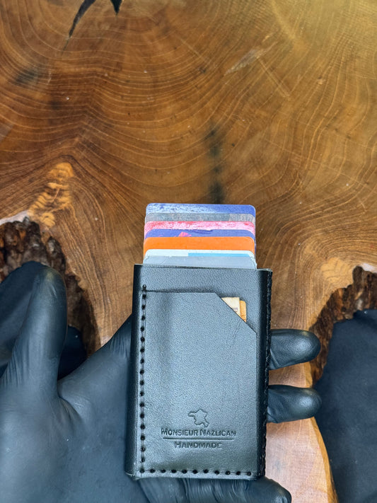 Porte-carte automatique noir, couture à la main