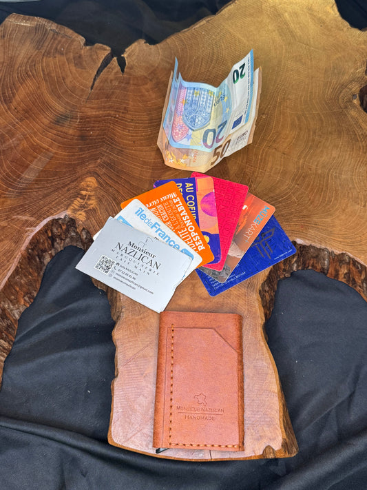 Porte-carte automatique marron pueblo, couture à la main