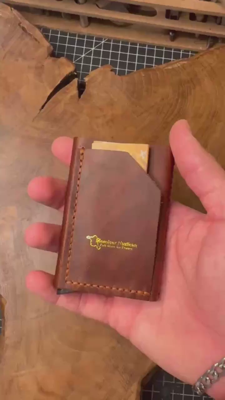 Handmade leather pop-up card holder